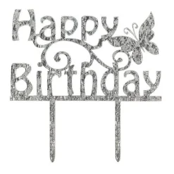 Culpitt Taarttopper Acryl Happy Birthday Zilver 150x85mm Clearance