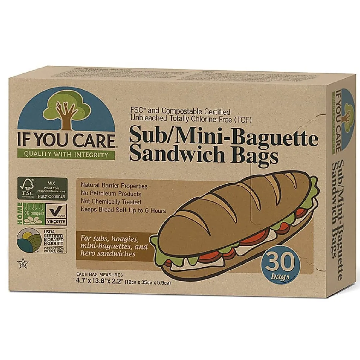 If You Care Snack/Broodzak Ongebleekt Papier 12x35x5,5cm 30st. New